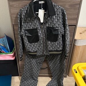 Black & Gray Monogram Two-Piece Jacket and Pants Set size M